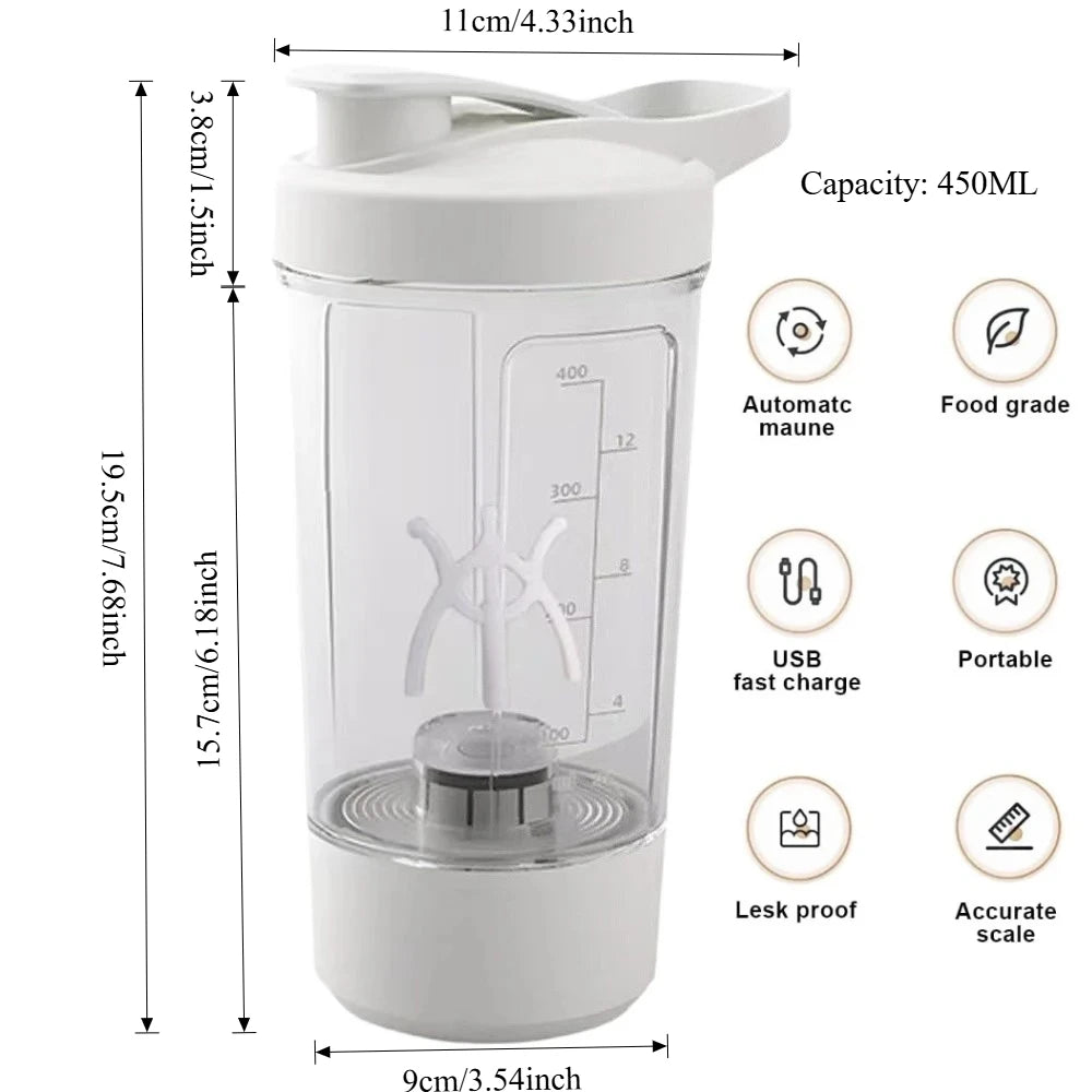 TORNADO F5 PRO MIXER: Shaker Elettrico con Agitazione Automatica e Ricarica USB. Perfetto per Proteine e Milkshake. Bottiglia Graduata da 450 ml (15 Oz), Materiale Certificato (Senza BPA).