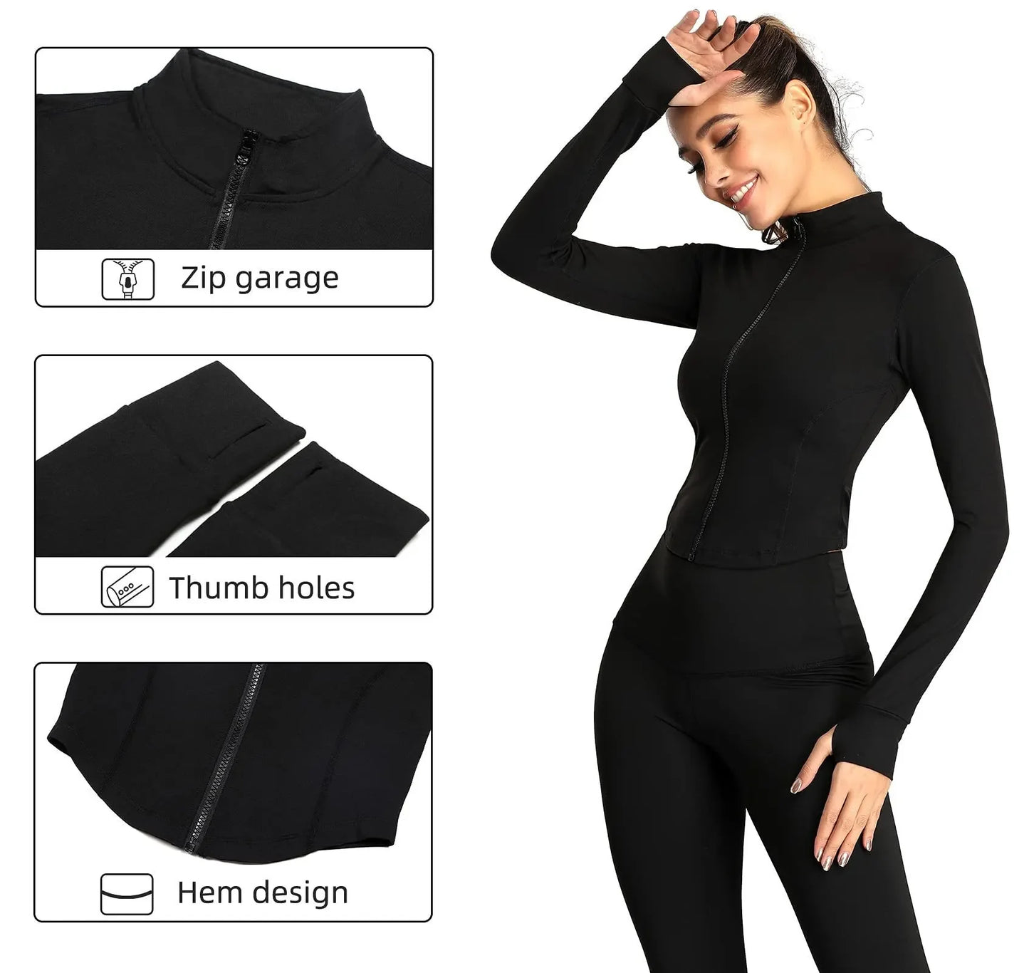 Giacca Da Tuta Da Donna Cappotto Fitness a Maniche Lunghe Slim Fit Top Corto Da Yoga Con Fori per I Pollici Giacca Da Palestra Felpe Da Allenamento