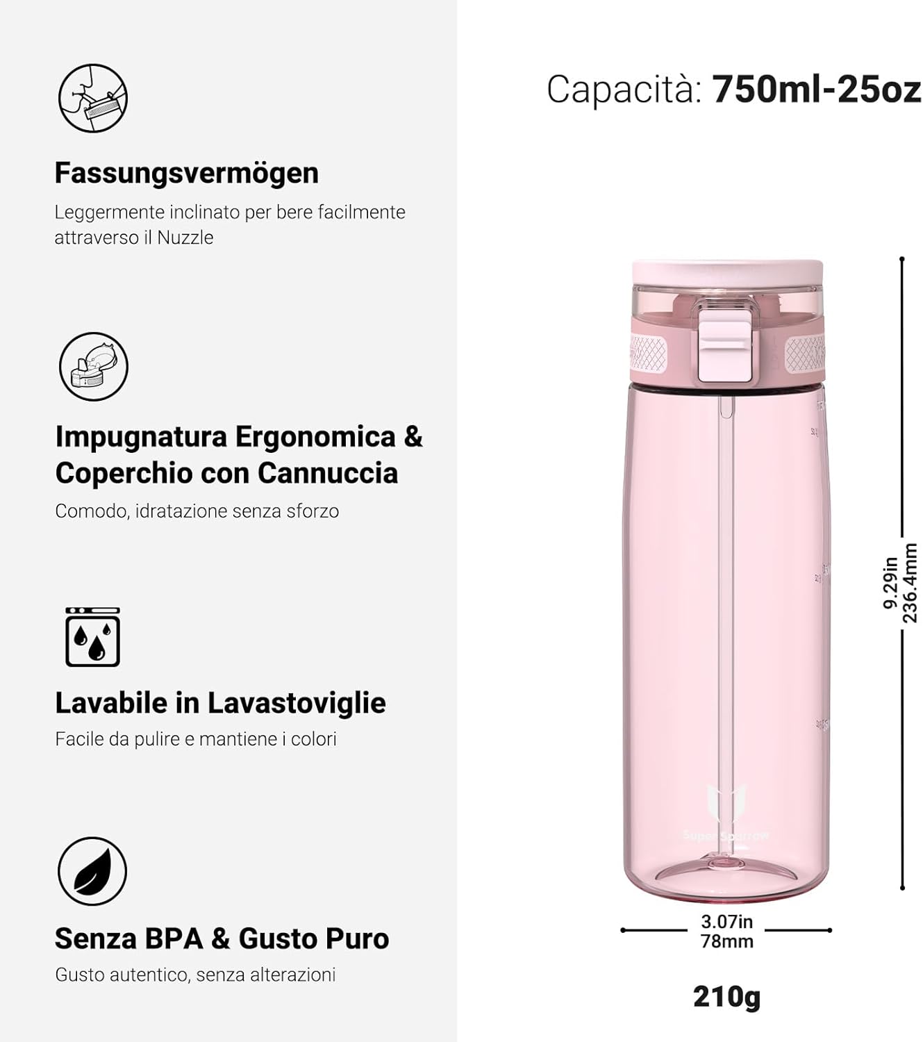 Borraccia - Touchsip Sportiva Bottiglia - 500Ml/750Ml/1L - Tritan Senza BPA, a Prova Di Perdite - Borracce Con Cannuccia Ideale per Scuola E Sport
