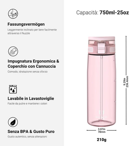 Borraccia - Touchsip Sportiva Bottiglia - 500Ml/750Ml/1L - Tritan Senza BPA, a Prova Di Perdite - Borracce Con Cannuccia Ideale per Scuola E Sport